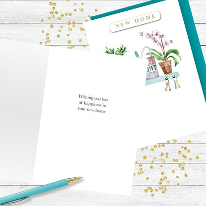 Hand-Finished New Home Greeting Card Welcome Shelf Paint Plants Keys Embellished