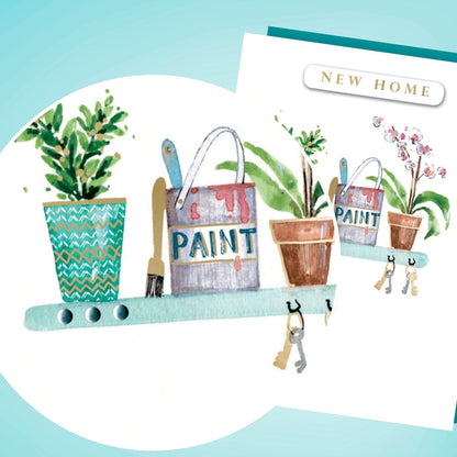 Hand-Finished New Home Greeting Card Welcome Shelf Paint Plants Keys Embellished