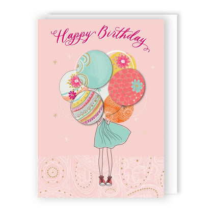 Hand-Finished Girl Holding Embellished Birthday Balloons Greeting Card For Her