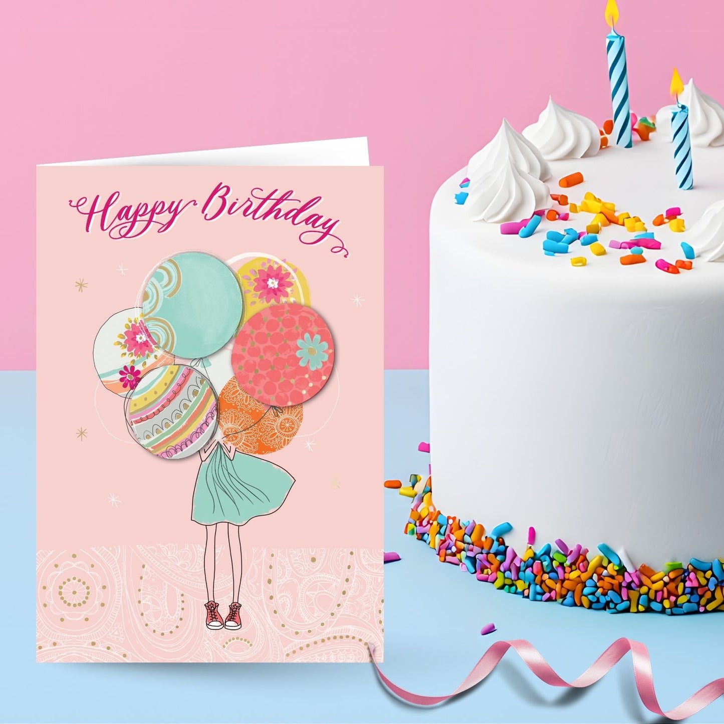 Hand-Finished Girl Holding Embellished Birthday Balloons Greeting Card For Her