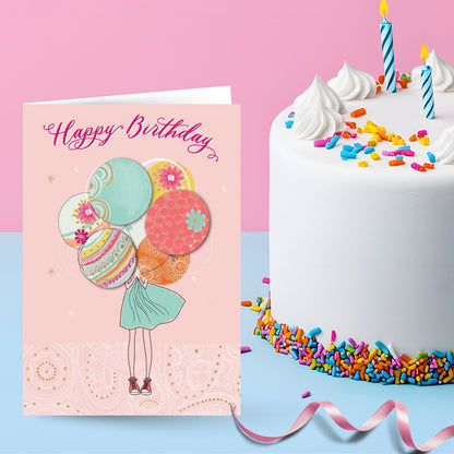 Hand-Finished Girl Holding Embellished Birthday Balloons Greeting Card For Her