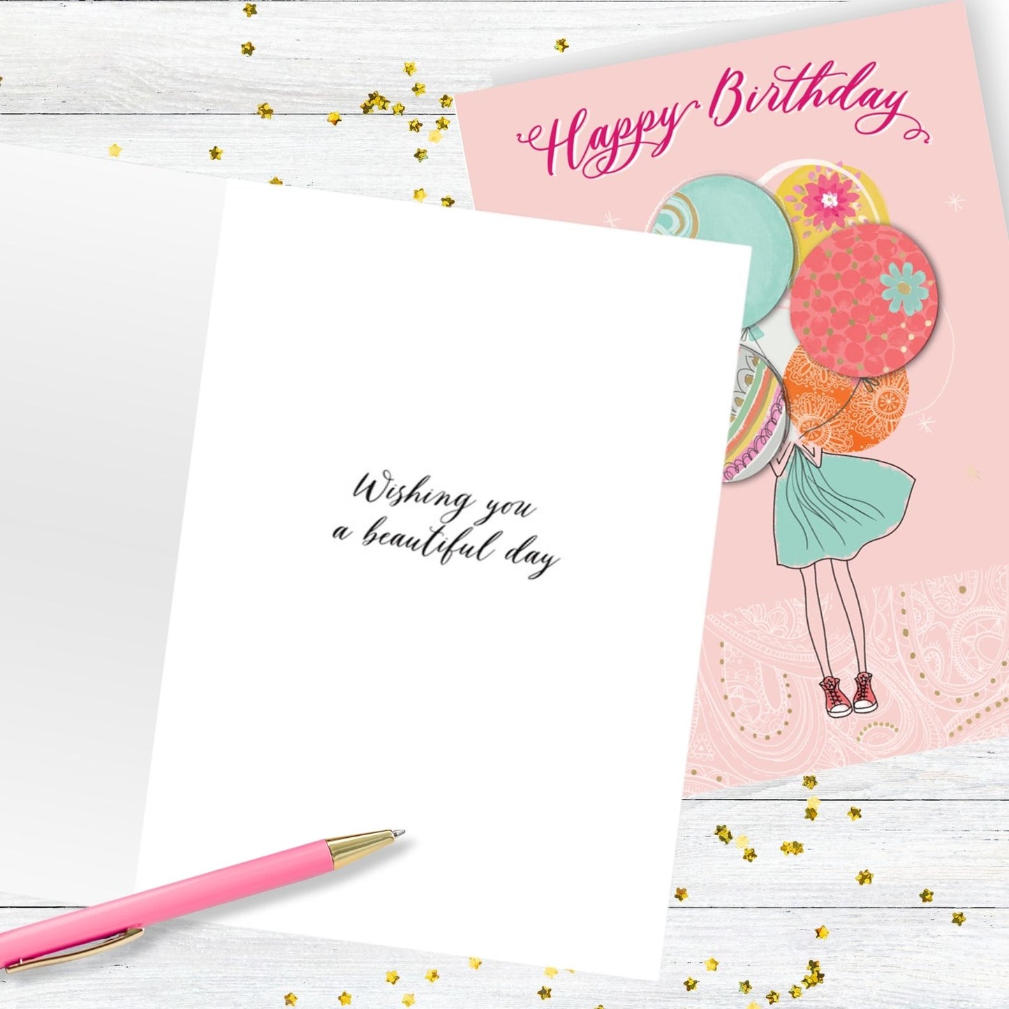 Hand-Finished Girl Holding Embellished Birthday Balloons Greeting Card For Her