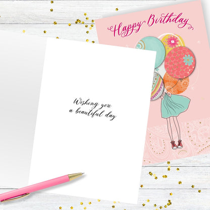 Hand-Finished Girl Holding Embellished Birthday Balloons Greeting Card For Her