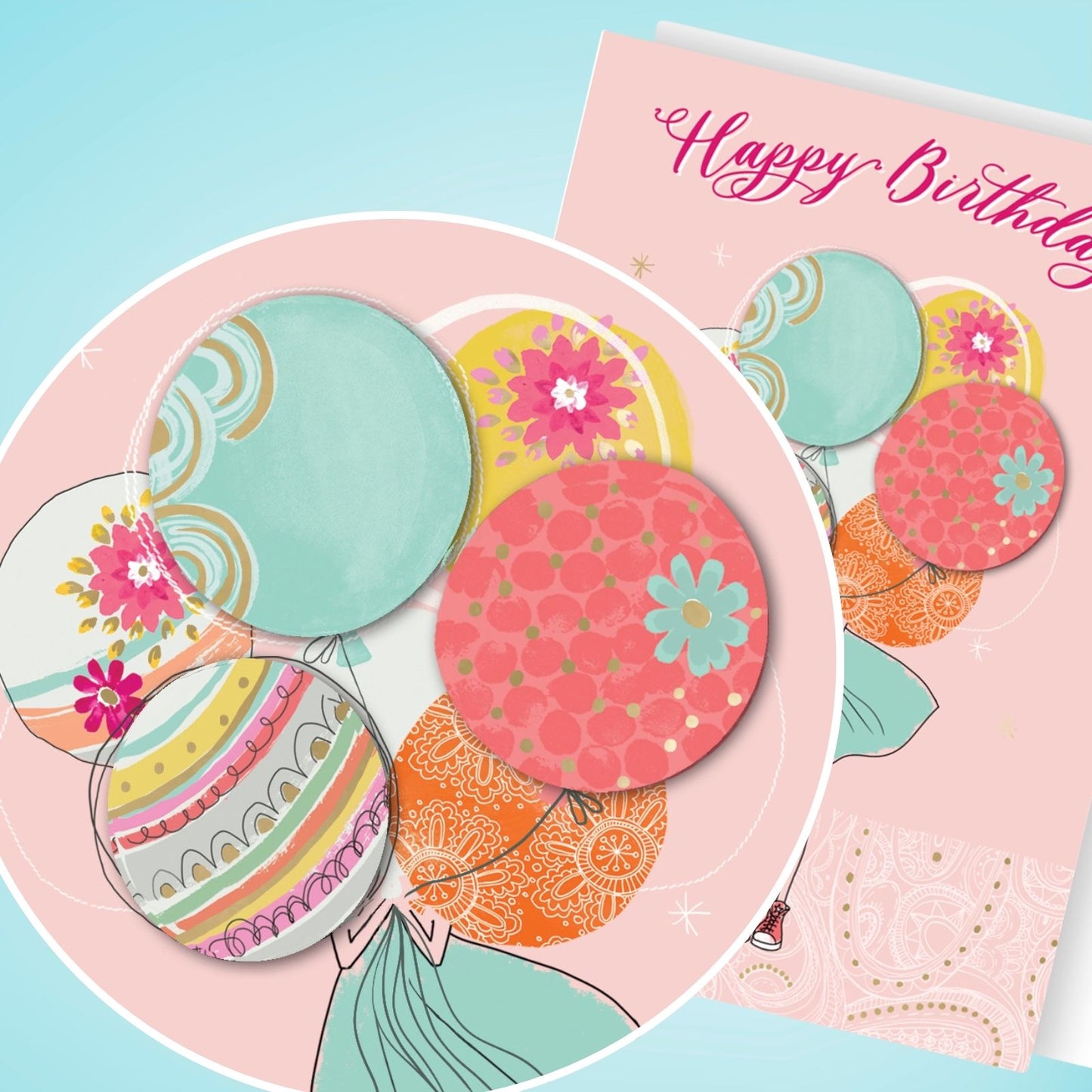Hand-Finished Girl Holding Embellished Birthday Balloons Greeting Card For Her