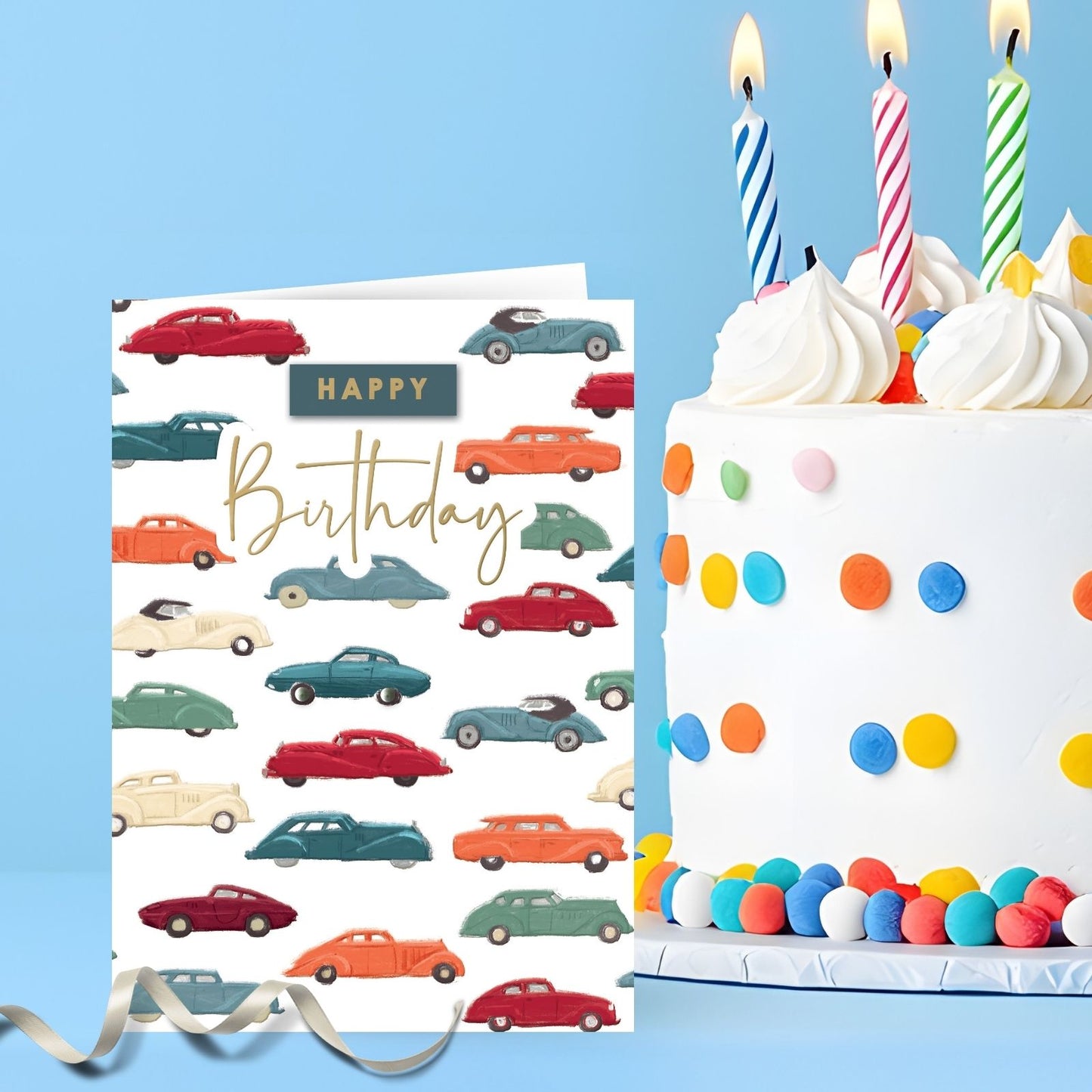 Hand-Finished Happy Birthday Greeting Card Classic Cars Embellished For Him