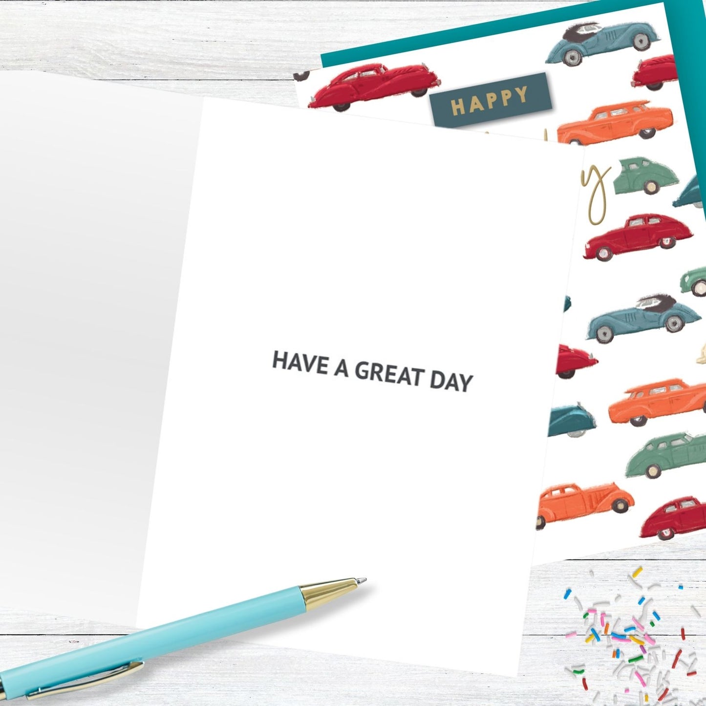 Hand-Finished Happy Birthday Greeting Card Classic Cars Embellished For Him