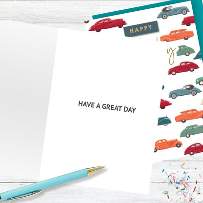 Hand-Finished Happy Birthday Greeting Card Classic Cars Embellished For Him