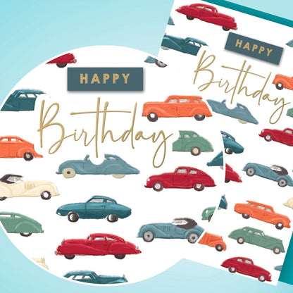 Hand-Finished Happy Birthday Greeting Card Classic Cars Embellished For Him