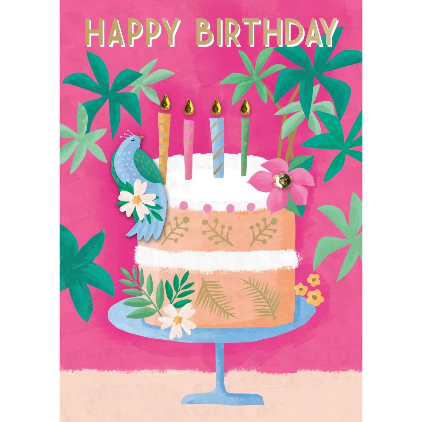 Hand-Finished Birthday Card Pink Cake & Bird Happy Birthday Celebration For Her