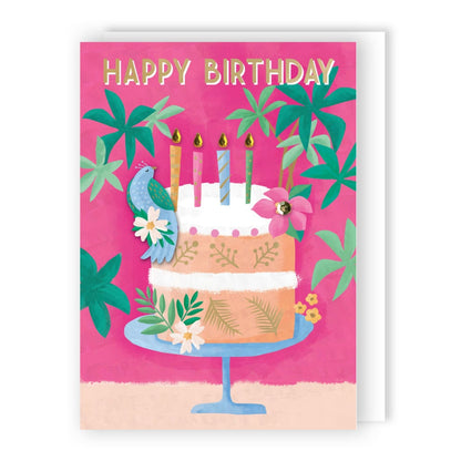 Hand-Finished Birthday Card Pink Cake & Bird Happy Birthday Celebration For Her