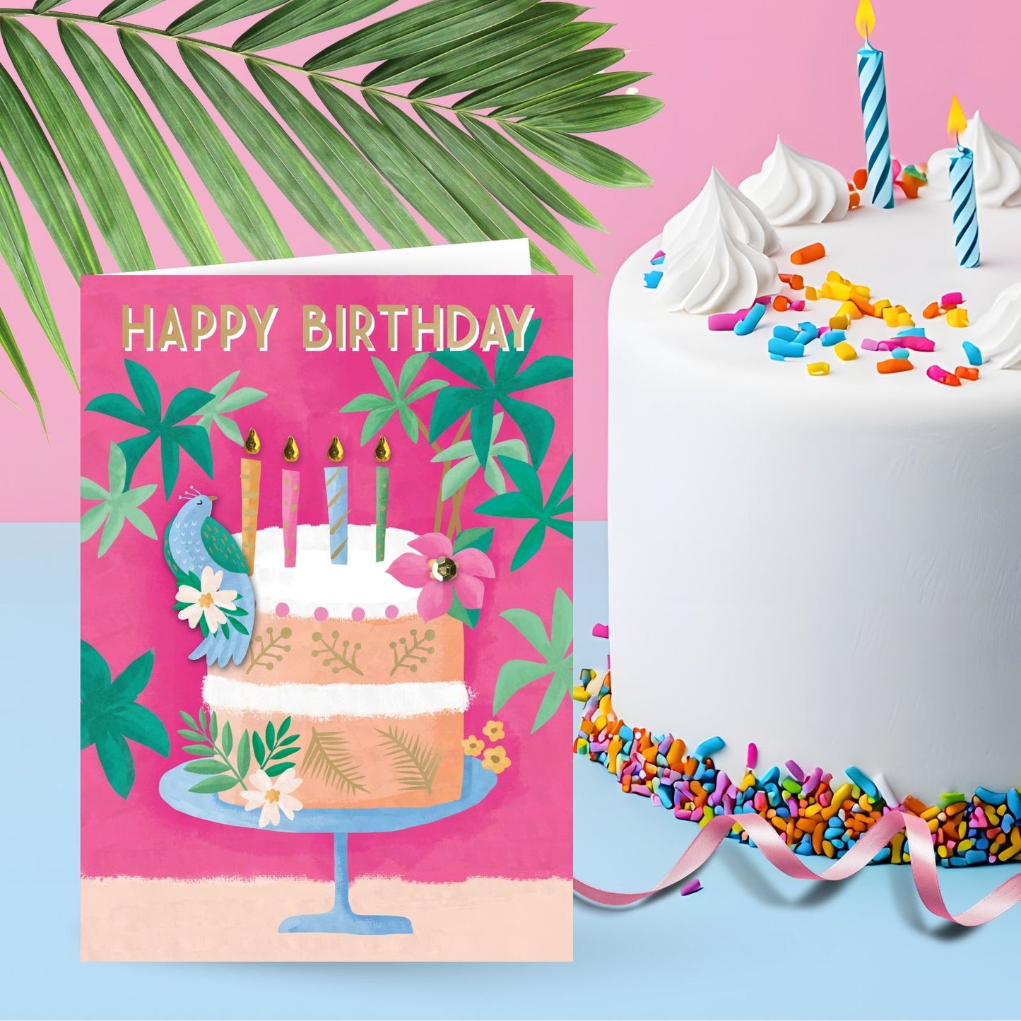 Hand-Finished Birthday Card Pink Cake & Bird Happy Birthday Celebration For Her
