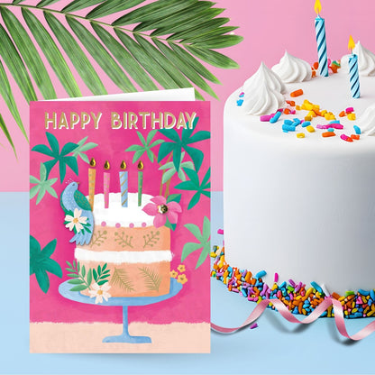 Hand-Finished Birthday Card Pink Cake & Bird Happy Birthday Celebration For Her