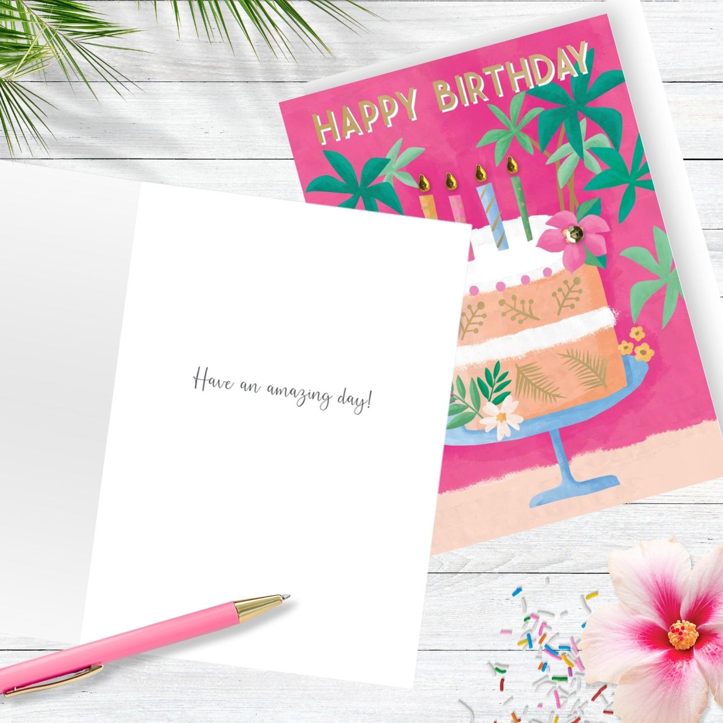 Hand-Finished Birthday Card Pink Cake & Bird Happy Birthday Celebration For Her