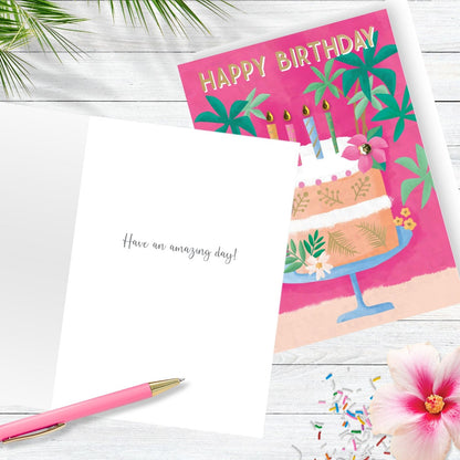 Hand-Finished Birthday Card Pink Cake & Bird Happy Birthday Celebration For Her