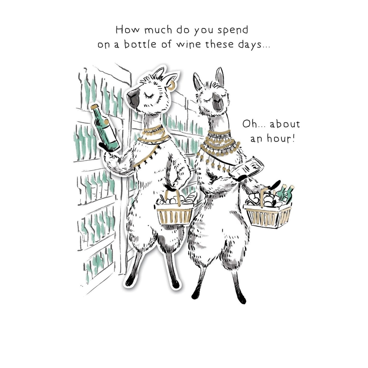 Hand-Finished Funny Greeting Card Lamas With Wine Blank For Any Occasion