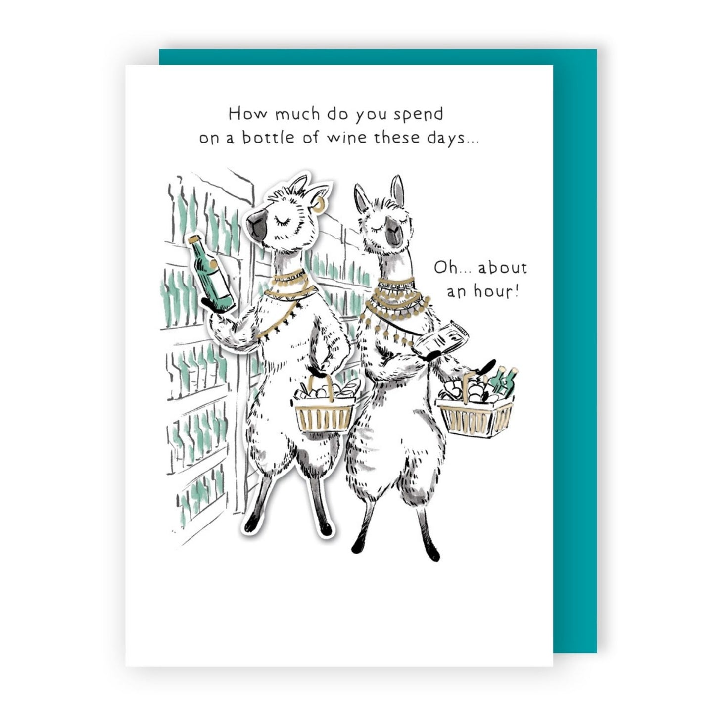 Hand-Finished Funny Greeting Card Lamas With Wine Blank For Any Occasion