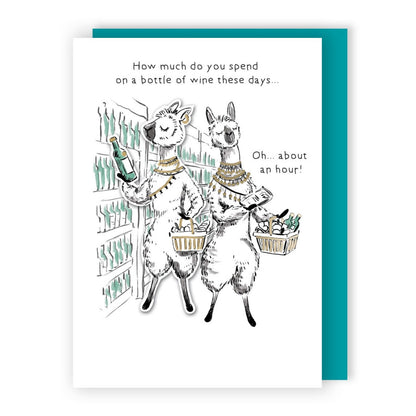 Hand-Finished Funny Greeting Card Lamas With Wine Blank For Any Occasion