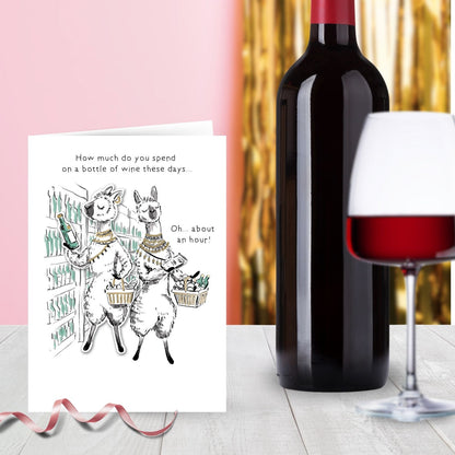 Hand-Finished Funny Greeting Card Lamas With Wine Blank For Any Occasion