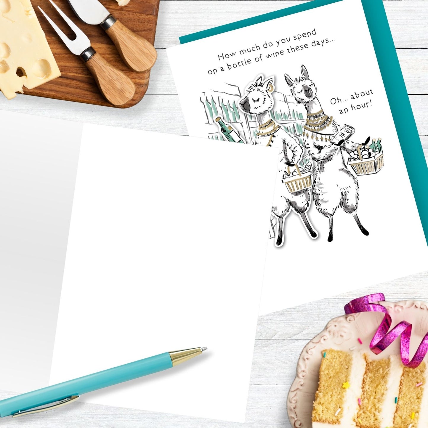 Hand-Finished Funny Greeting Card Lamas With Wine Blank For Any Occasion