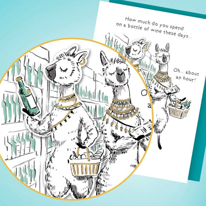Hand-Finished Funny Greeting Card Lamas With Wine Blank For Any Occasion