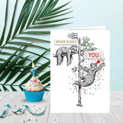 Hand-Finished Funny Birthday Greeting Card Oldies Vs You Party Sloth Embellished