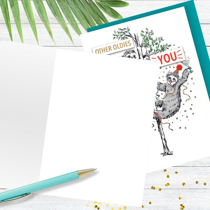 Hand-Finished Funny Birthday Greeting Card Oldies Vs You Party Sloth Embellished
