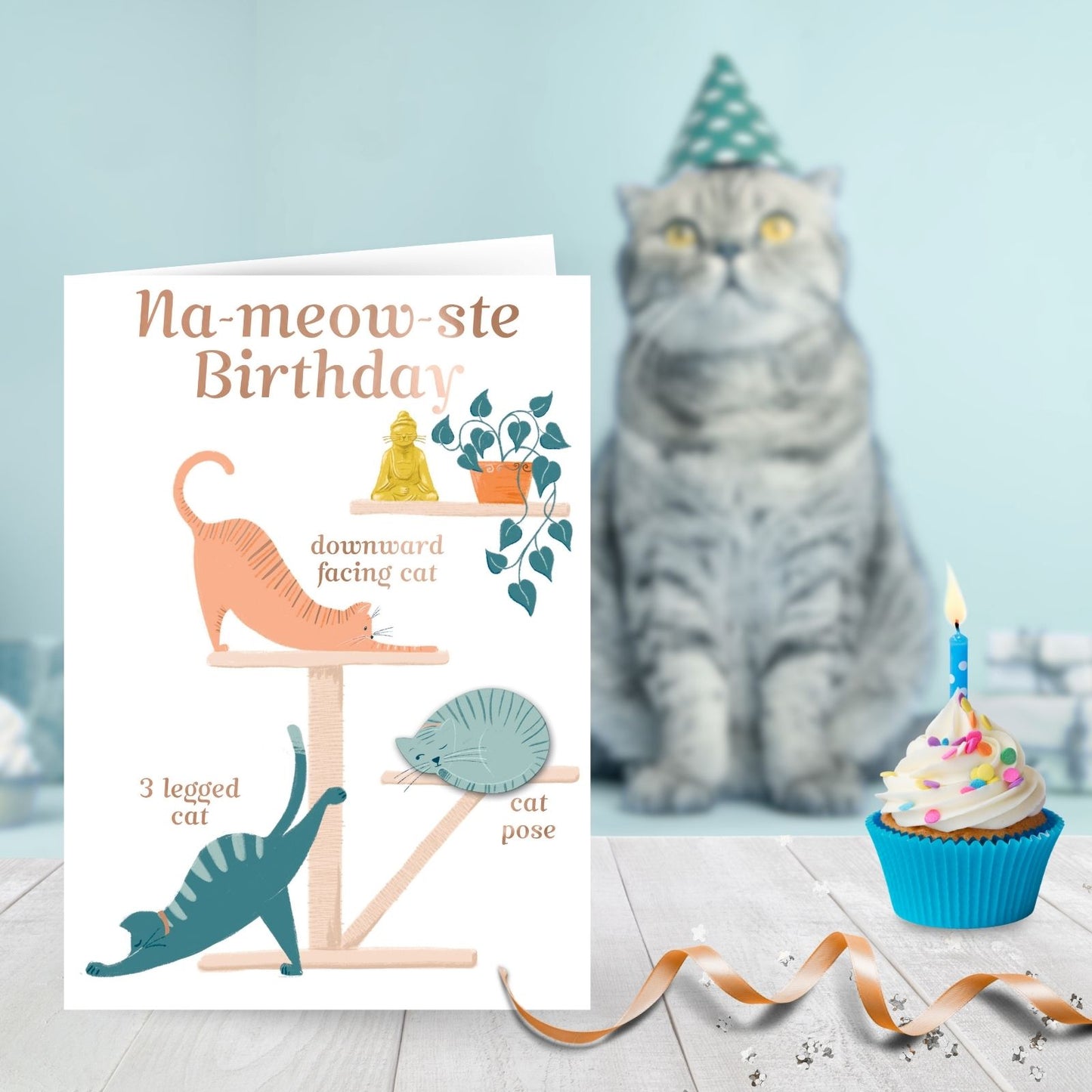 Na-Meow-Ste Hand-Finished Birthday Card Birthday Yoga Cats Embellished Card