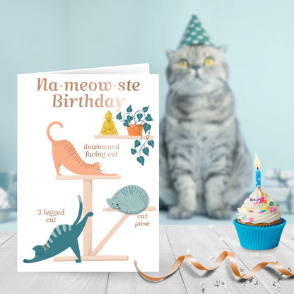 Na-Meow-Ste Hand-Finished Birthday Card Birthday Yoga Cats Embellished Card