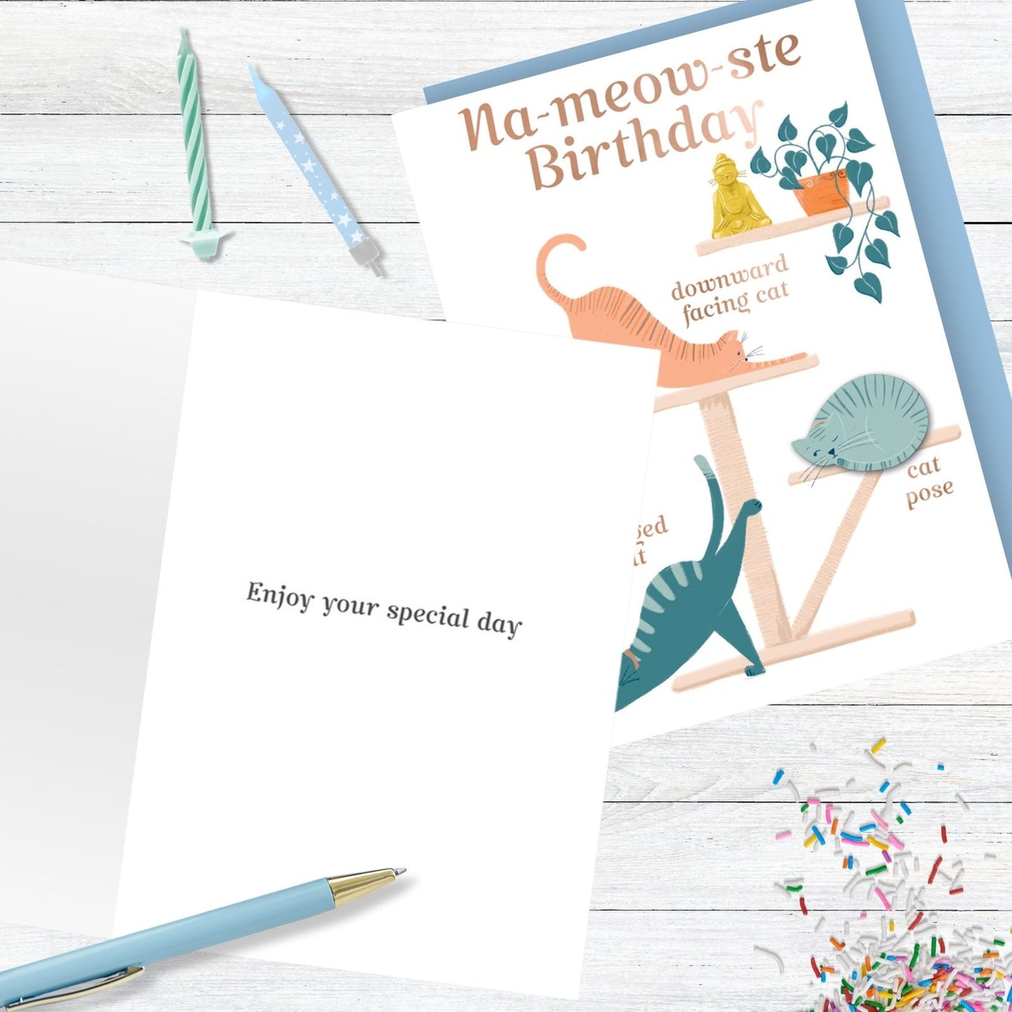 Na-Meow-Ste Hand-Finished Birthday Card Birthday Yoga Cats Embellished Card