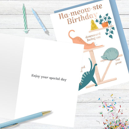 Na-Meow-Ste Hand-Finished Birthday Card Birthday Yoga Cats Embellished Card
