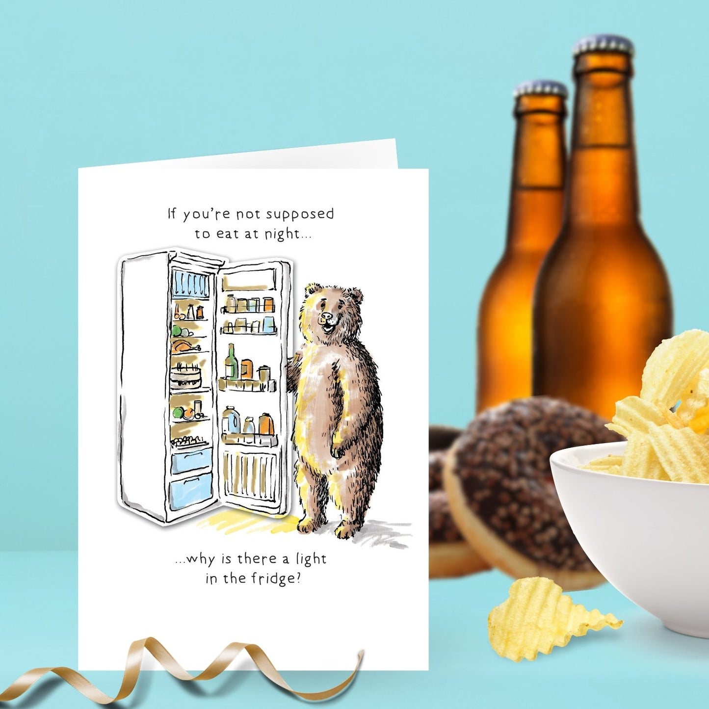 Hand-Finished Midnight Snack Greeting Card Bear Fridge Blank For Any Occasion