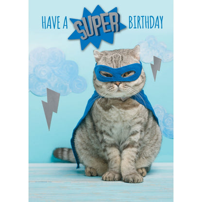 Hand-Finished Funny Birthday Greeting Card Embellished Super Hero Cat Birthday