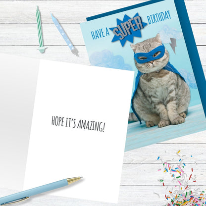 Hand-Finished Funny Birthday Greeting Card Embellished Super Hero Cat Birthday