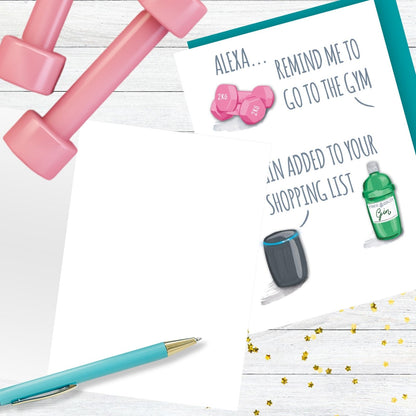 Hand-Finished Fun Fitness Greeting Card Gin Shopping List Blank For Any Occasion
