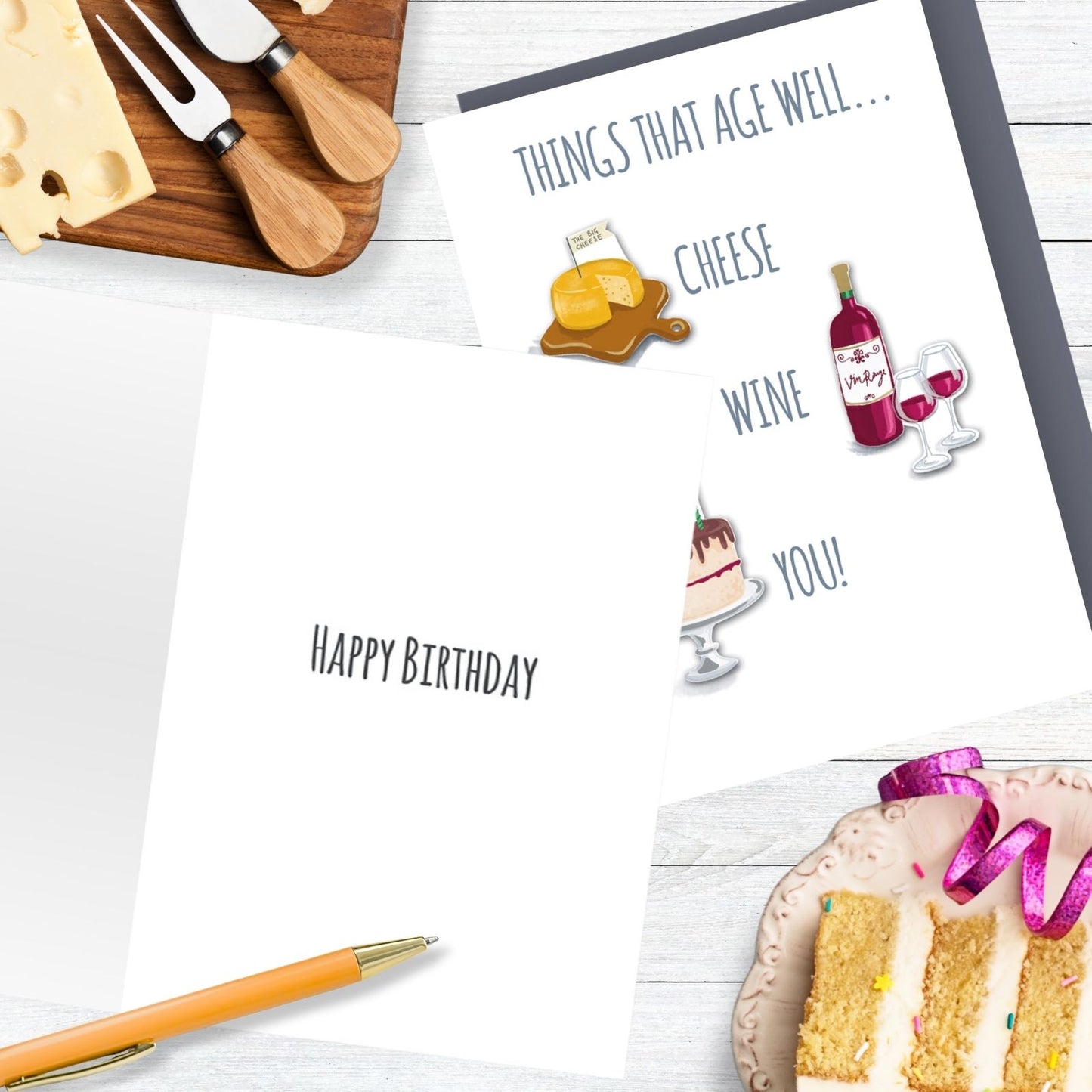 Hand-Finished Vintage Birthday Card Things That Age Well Cheese Wine You!
