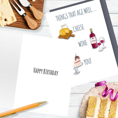 Hand-Finished Vintage Birthday Card Things That Age Well Cheese Wine You!