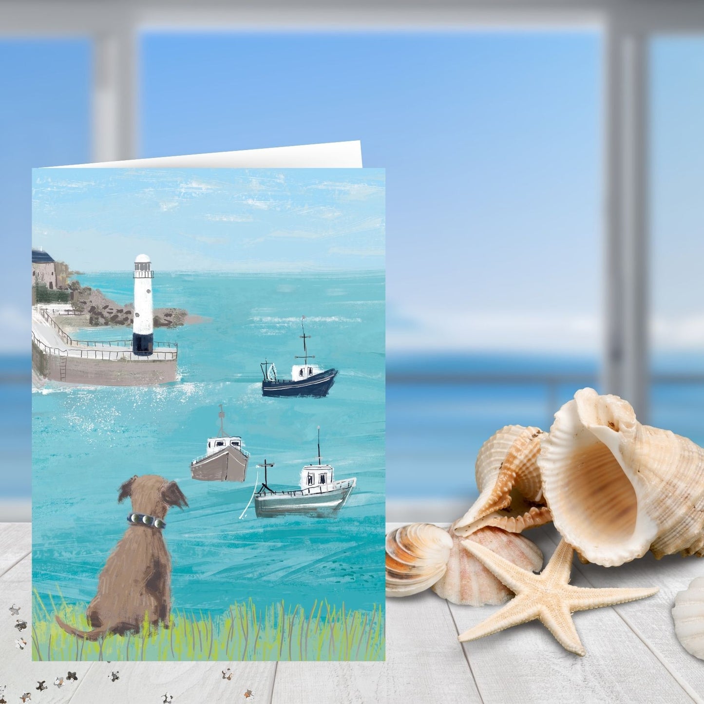 Hand-Finished Artistic Greeting Card Doggy Sea View Blank For Any Occasion