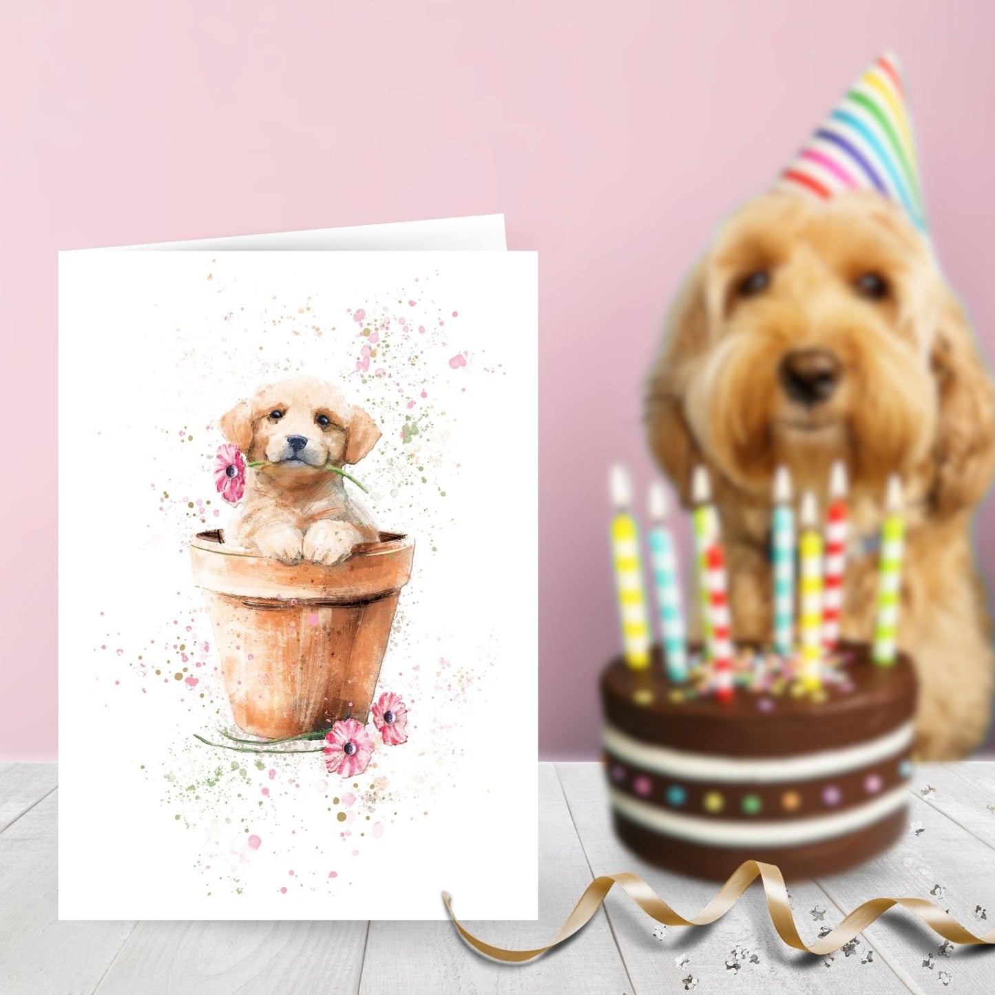 Hand-Finished Watercolour Puppy Greeting Card Embellished Blank For Any Occasion