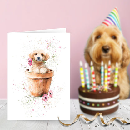 Hand-Finished Watercolour Puppy Greeting Card Embellished Blank For Any Occasion
