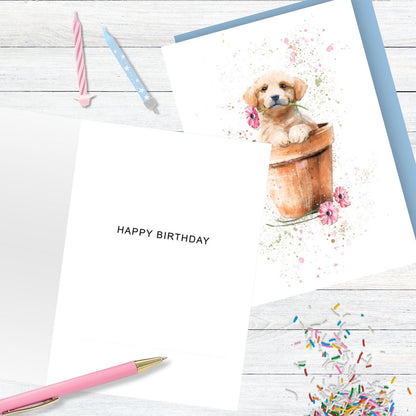 Hand-Finished Watercolour Puppy Greeting Card Embellished Blank For Any Occasion