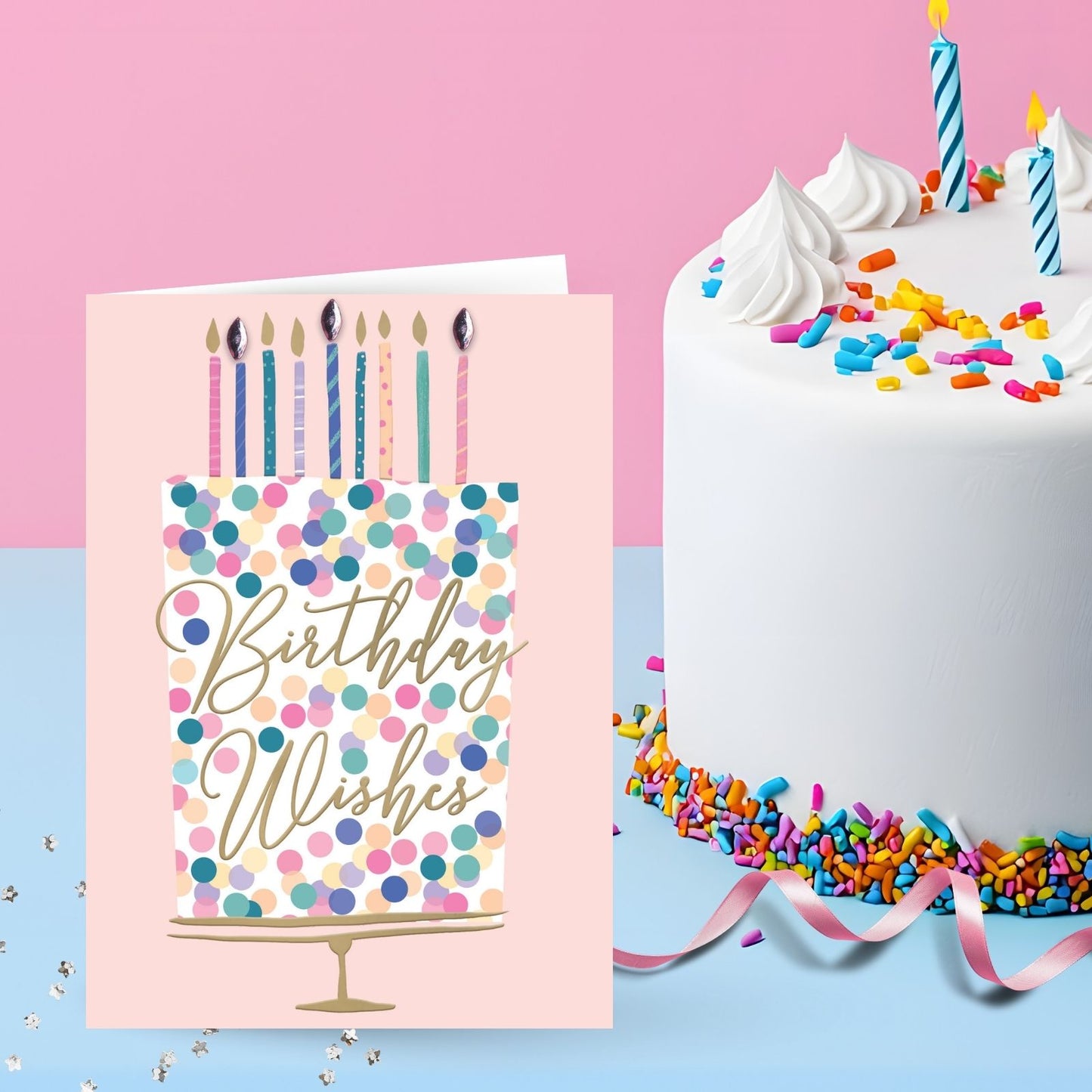 Hand-Finished Birthday Wishes Cake Greeting Card Sparkling Celebration Candles
