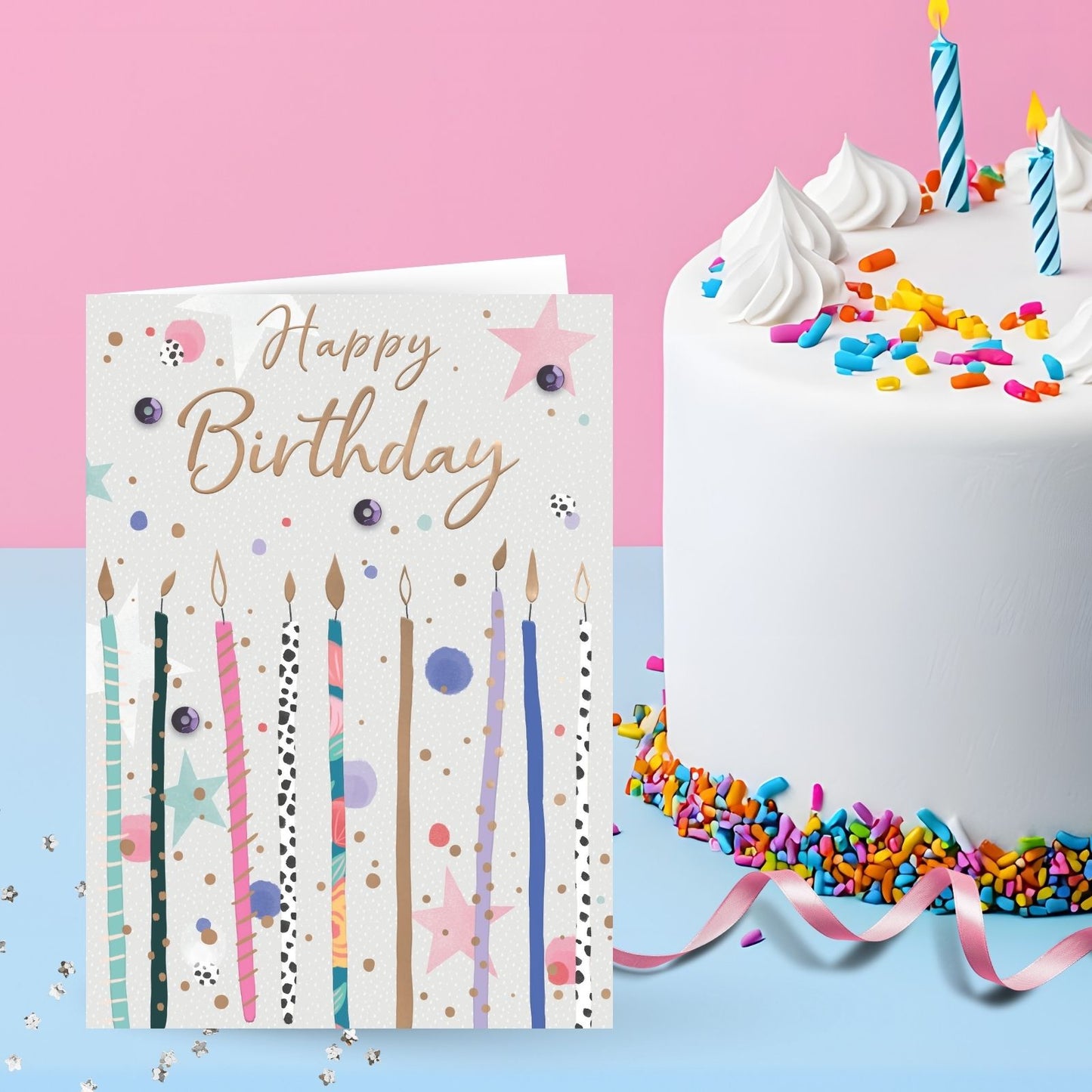 Hand-Finished Happy Birthday Greeting Card Whimsical Candle Sparkles