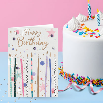 Hand-Finished Happy Birthday Greeting Card Whimsical Candle Sparkles