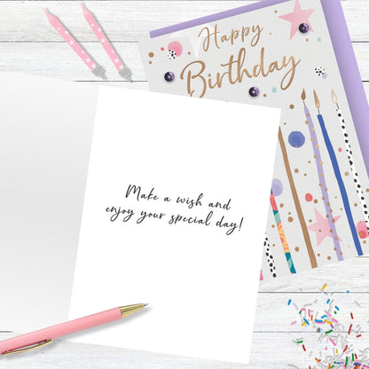 Hand-Finished Happy Birthday Greeting Card Whimsical Candle Sparkles