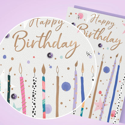 Hand-Finished Happy Birthday Greeting Card Whimsical Candle Sparkles
