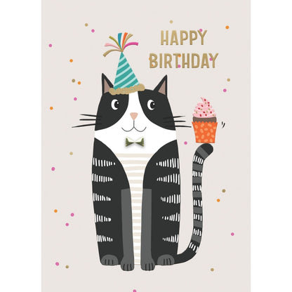 Hand-Finished Happy Birthday Cat Holding Cupcake Birthday Card Kitty Cake Party