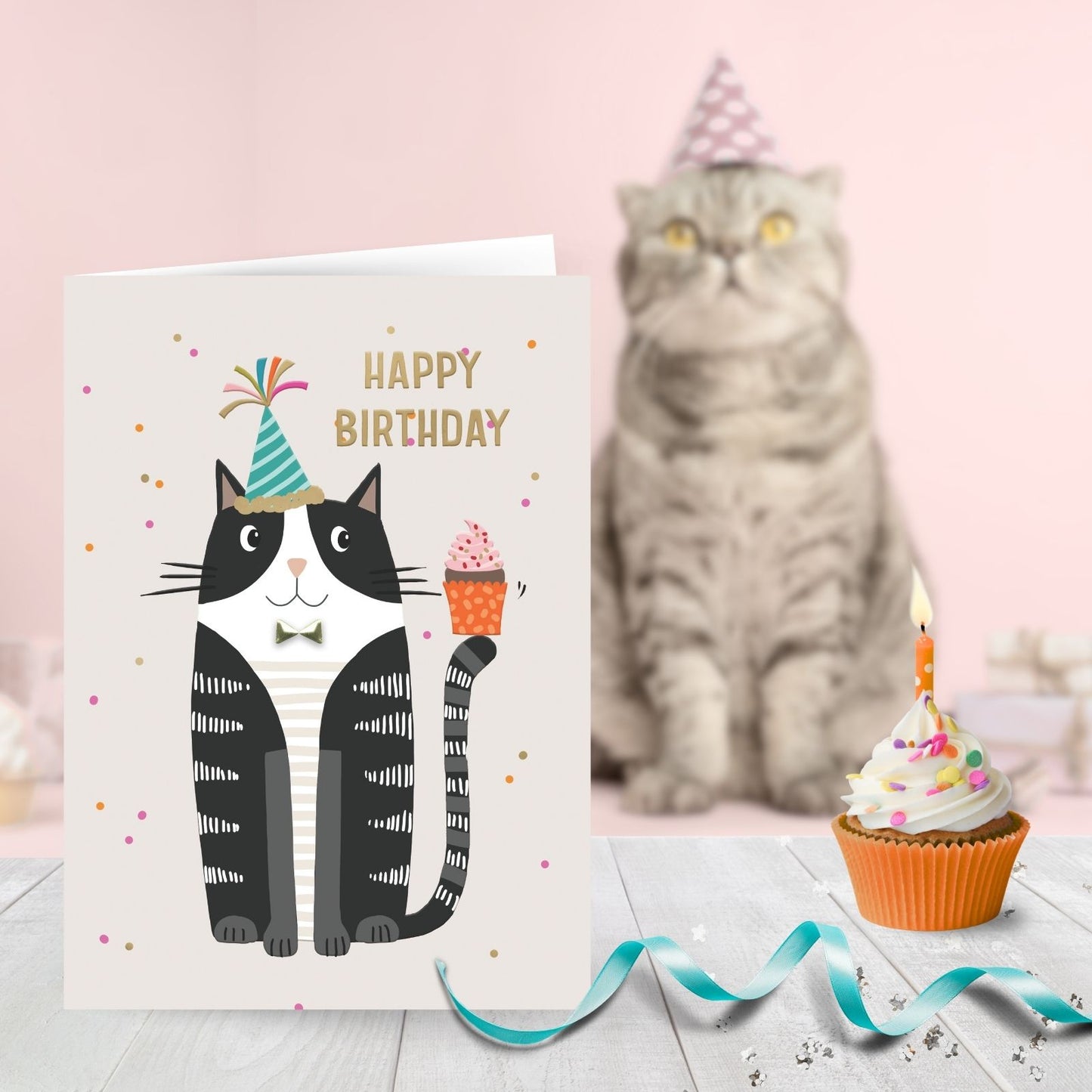 Hand-Finished Happy Birthday Cat Holding Cupcake Birthday Card Kitty Cake Party