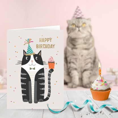 Hand-Finished Happy Birthday Cat Holding Cupcake Birthday Card Kitty Cake Party