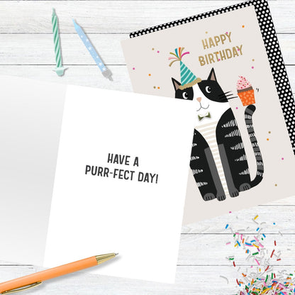 Hand-Finished Happy Birthday Cat Holding Cupcake Birthday Card Kitty Cake Party
