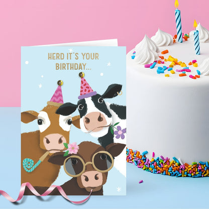 Hand-Finished Party Cows Birthday Card Herd It's Your Birthday Funny Card